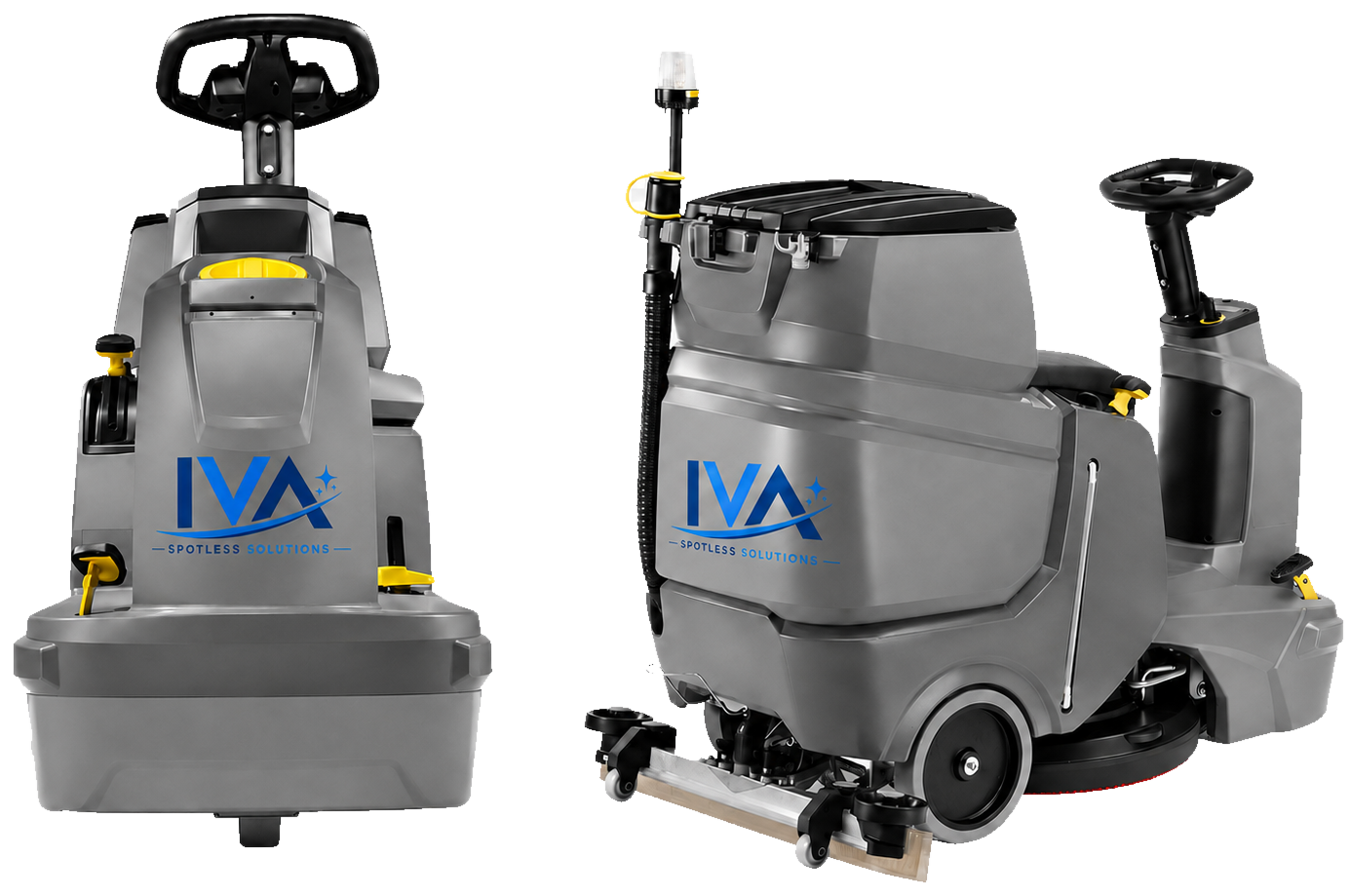Equipamento de limpeza de pisos da IVA, em vista frontal e lateral